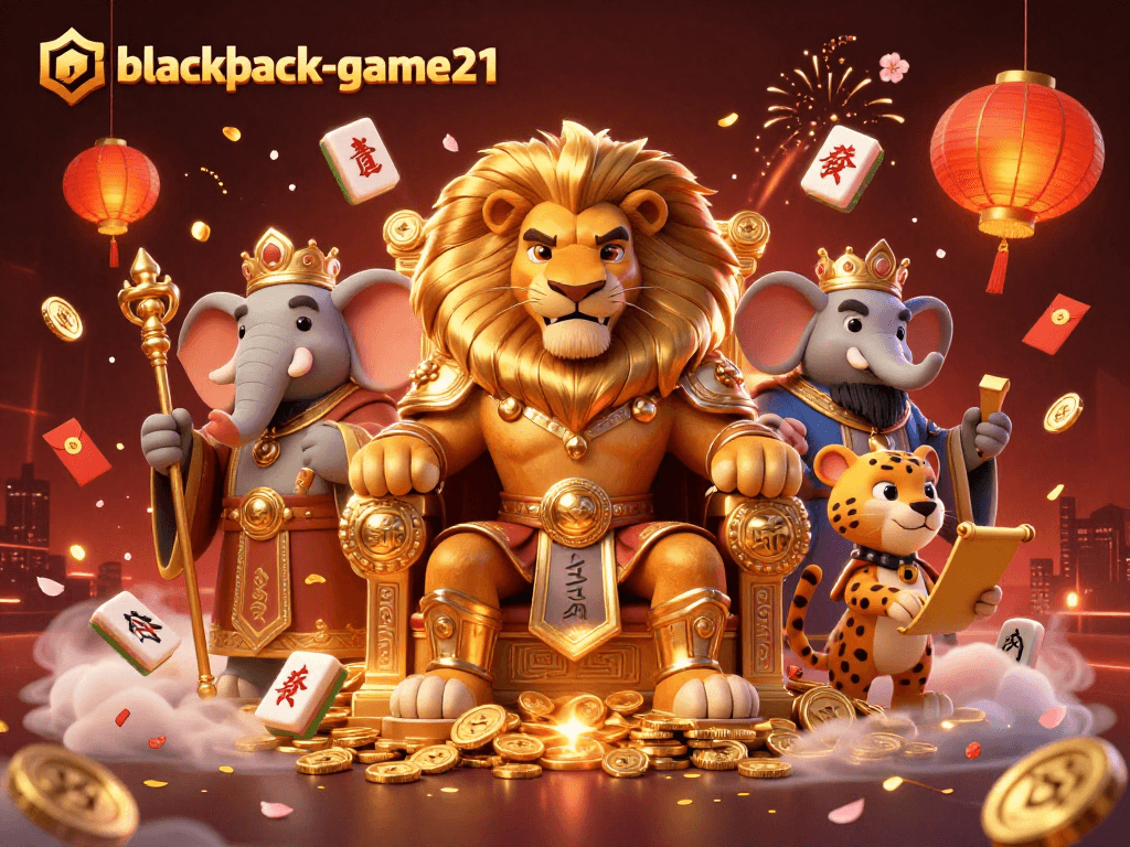 Engage in thrilling gameplay on blackjack-game21 with a majestic lion king overseeing a vibrant casino scene.