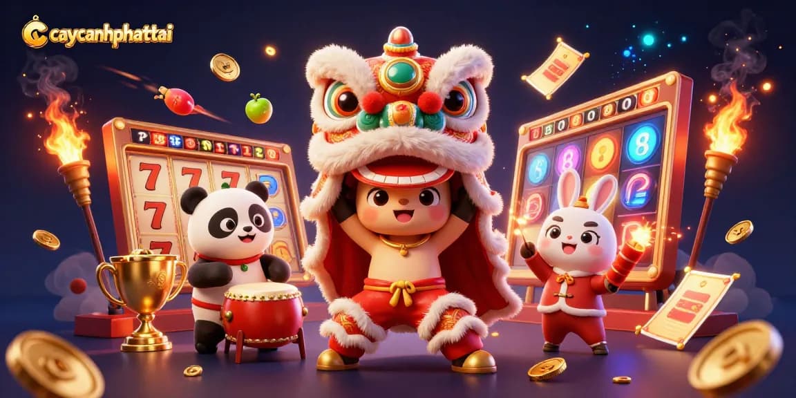 Experience vibrant game action in caycanhphattai 3D with colorful characters and slot elements.