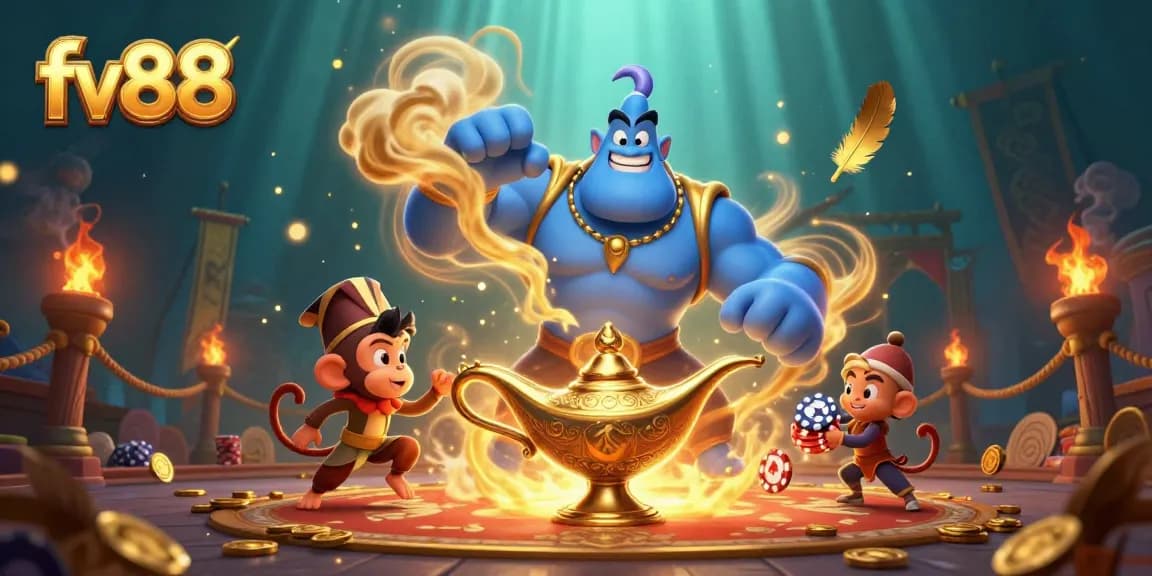Join the fun at fv88 with a dynamic casino scene featuring a genie and poker chips.