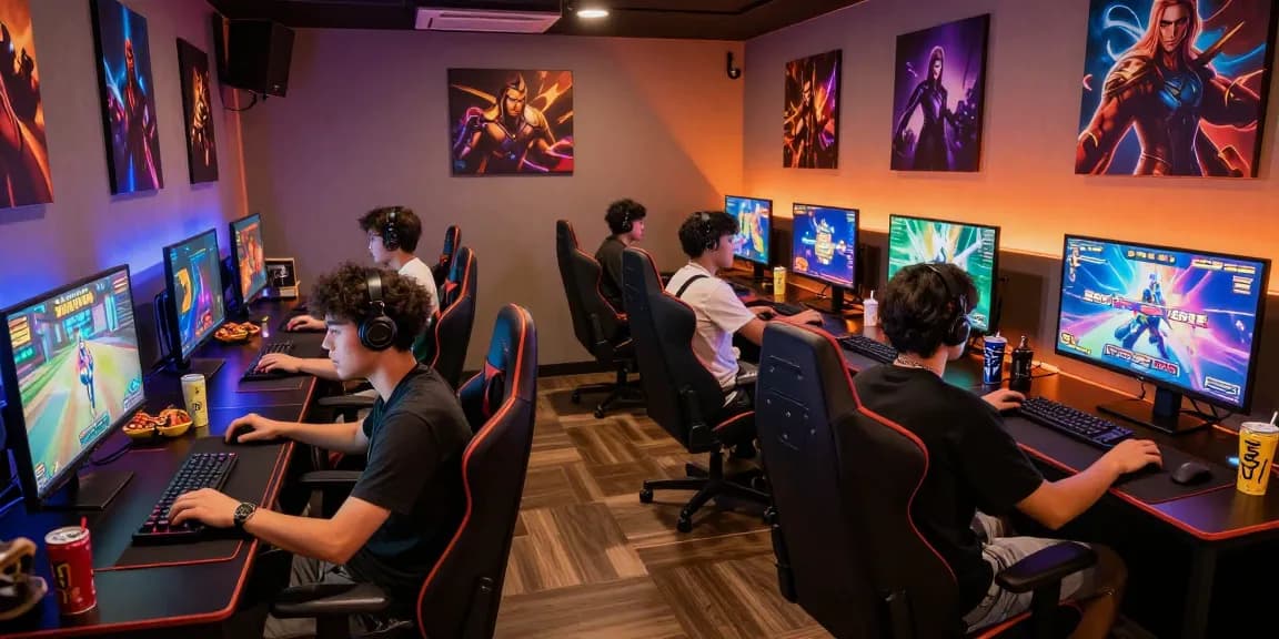 Exciting gaming lounge with friends playing เกมสล็อต, vibrant atmosphere and modern gaming setup.