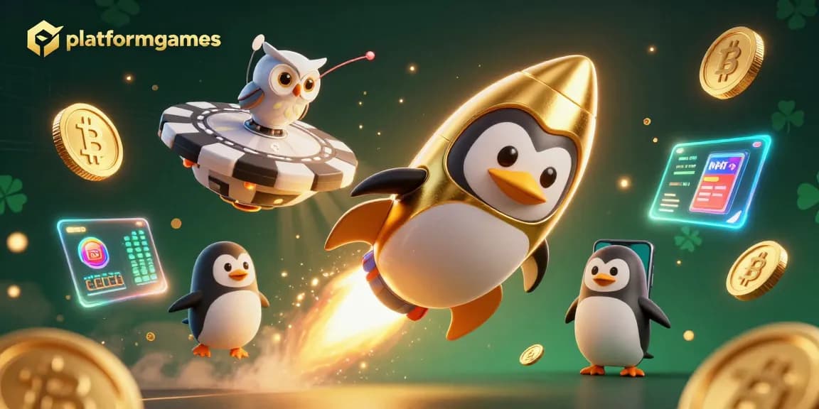 Engage with exciting platformgames experience as a golden penguin blasts towards a poker-chip shaped casino, surrounded by crypto elements.