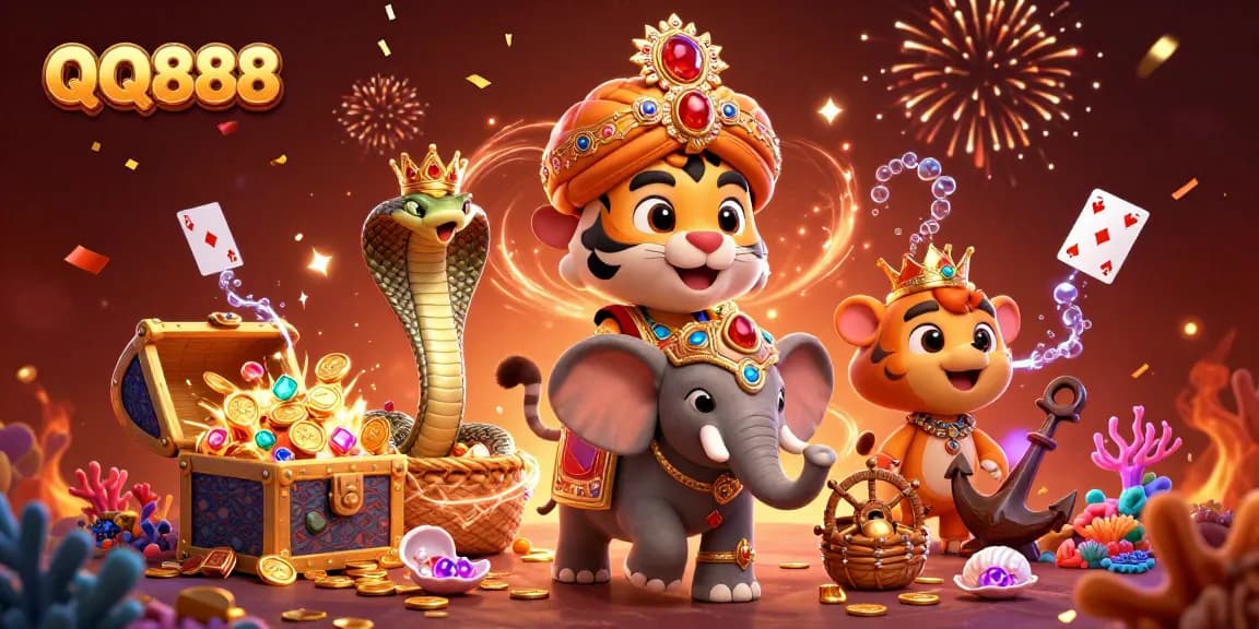 Experience thrilling QQ888 action with a majestic maharaja tiger riding an elephant in a vibrant casino scene