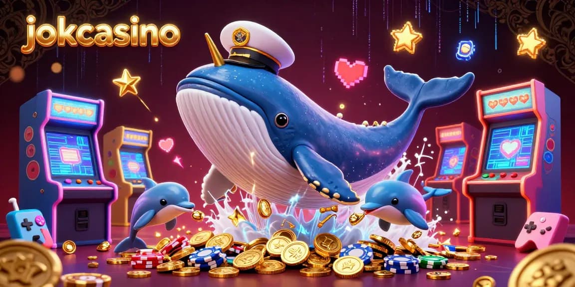 Engage with jokacasino's vibrant 3D scene showcasing a whale, narwhal, and dolphins amid gaming excitement.