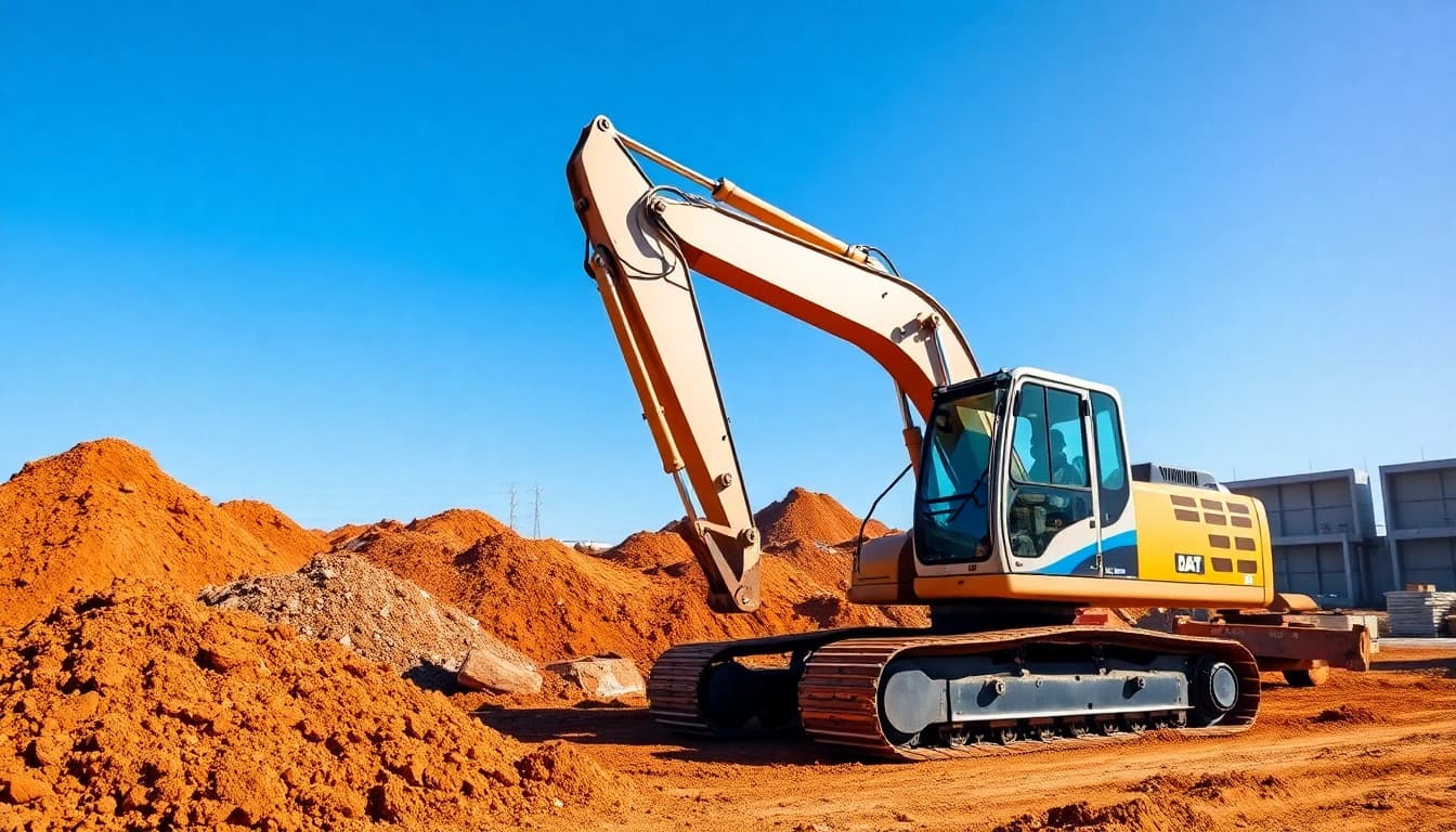 Excavator performing construction tasks on a vibrant job site under clear skies.