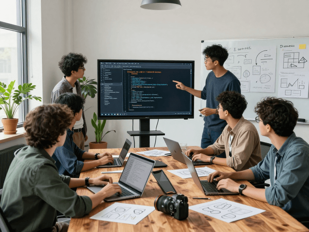 Software development team collaborating on net88 application code in a modern office setting.