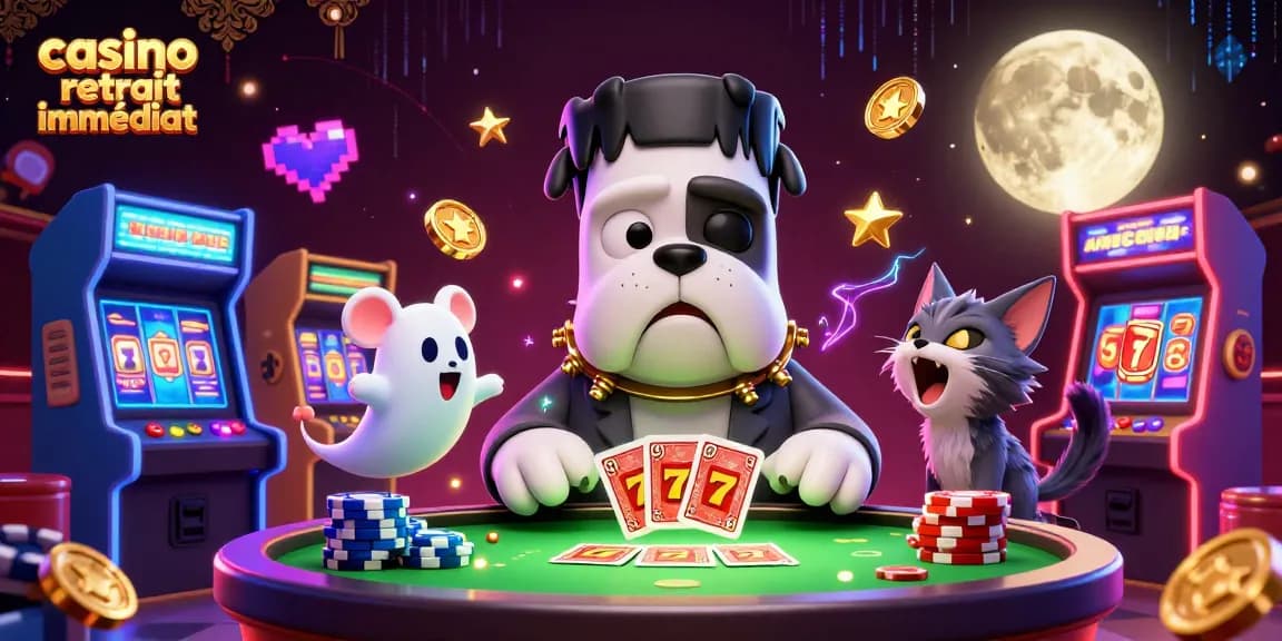 Image de casino retrait immédiat avec un bulldog Frankenstein et une souris fantôme.