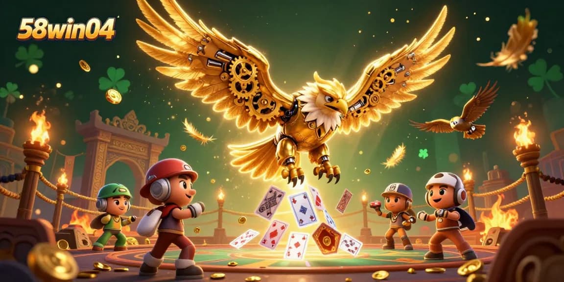 Engage in thrilling gambling action at 58win04 with a golden eagle amidst casino elements.