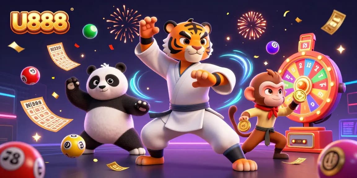 U888 players winning with vibrant lottery games and festive celebrations in 3D illustration.