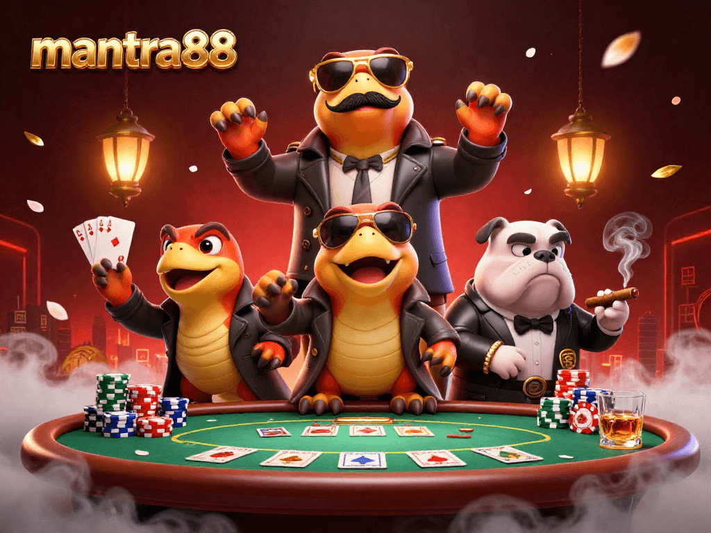 Experience gaming excitement with mantra88 at a vibrant casino scene featuring playful raptors.