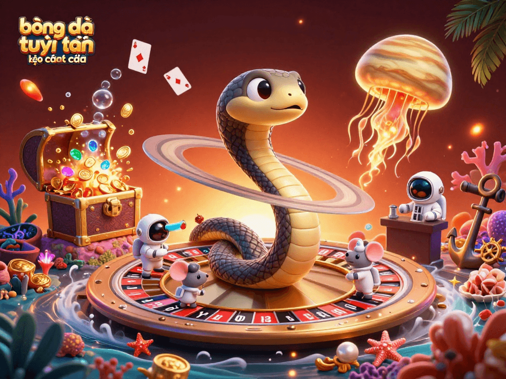 Engaging scene of bóng đá trực tuyến kèo nhà cái with characters betting on a roulette-style galaxy.
