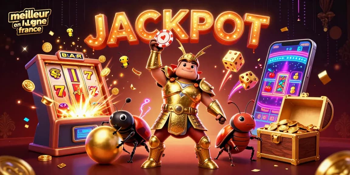 Vivez l'excitation du meilleur casino en ligne France avec cette illustration festive de jackpot et de personnages animés.