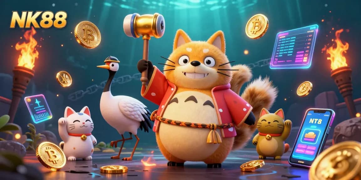Navigating NK88's vibrant gaming world with lively characters and crypto elements.