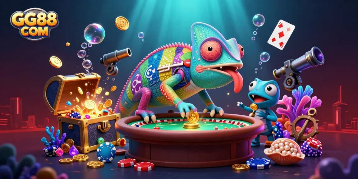 Experience the excitement of GG88 COM with a vibrant 3D casino scene featuring a chameleon owner and underwater treasures.