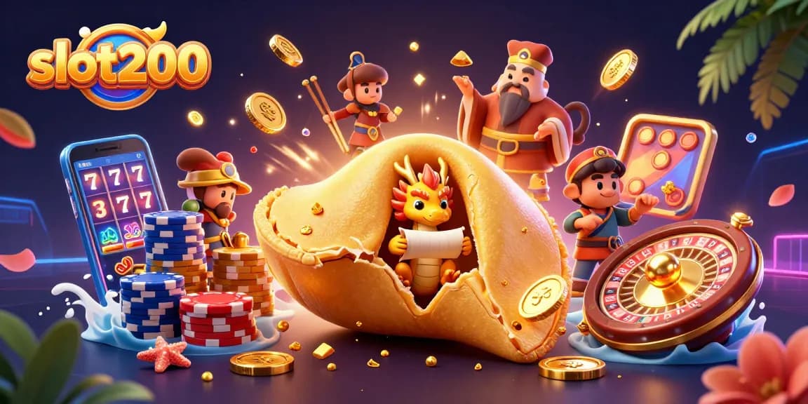 Engage with slot200's vibrant casino adventure featuring a giant fortune cookie and dynamic game elements.