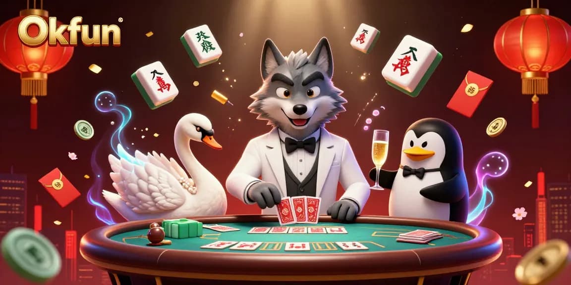 Experience the excitement at Okfun with a lively baccarat scene featuring unique 3D characters and festive elements.