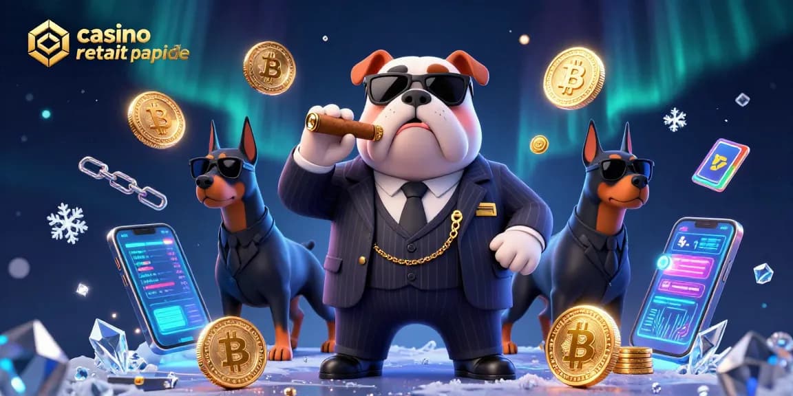 Retirez vos gains rapidement avec un casino retrait rapide, symbolisé par un bulldog mafieux et des pièces de crypto.