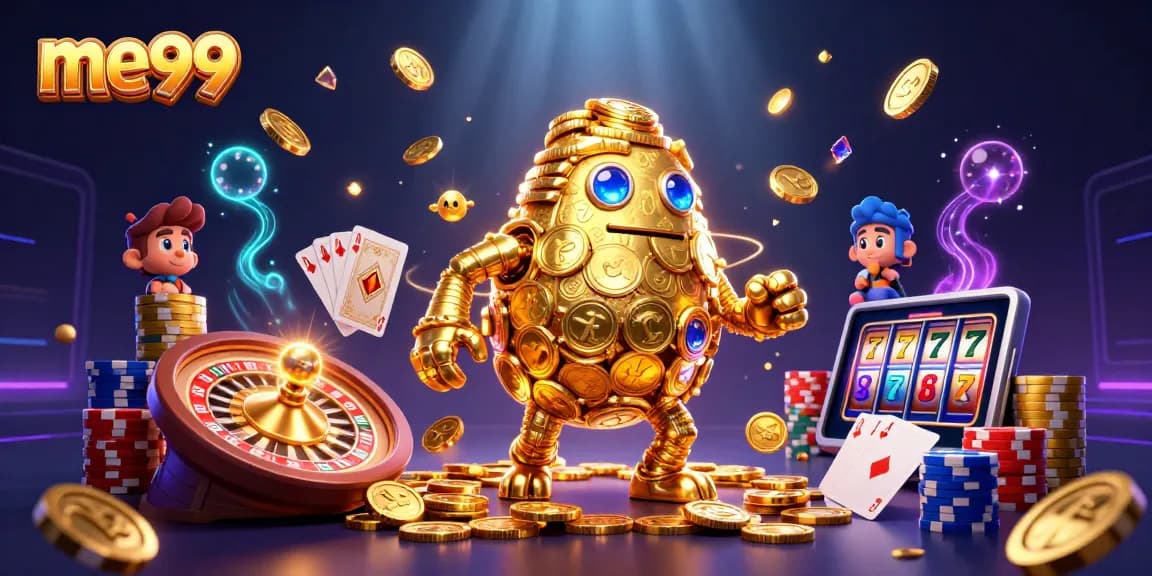 Experience exciting gameplay at me99 with a dynamic 3D casino scene featuring golden golems and lively elements.