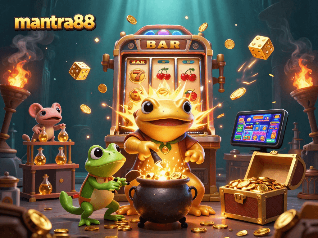 Engage with mantra88's thrilling slot experience, showcasing a dynamic golden casino illustration.