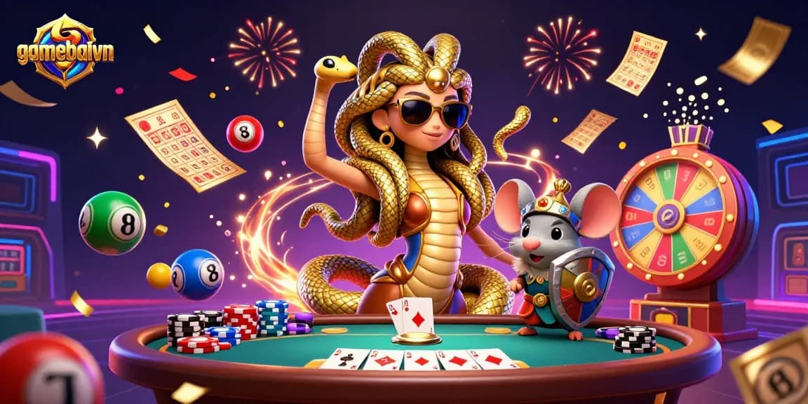 Engage with gamebaivn's captivating 3D poker scene featuring vibrant elements and dynamic characters.