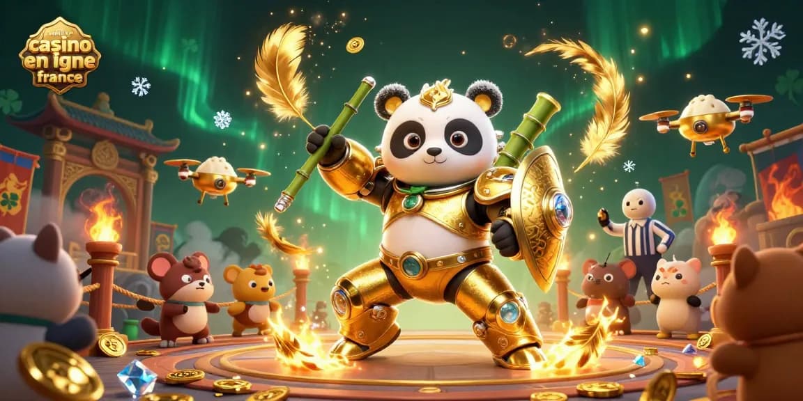 Meilleur casino en ligne France : scène de combat animée avec un panda en combinaison de combat et des éléments de jeu fascinants.