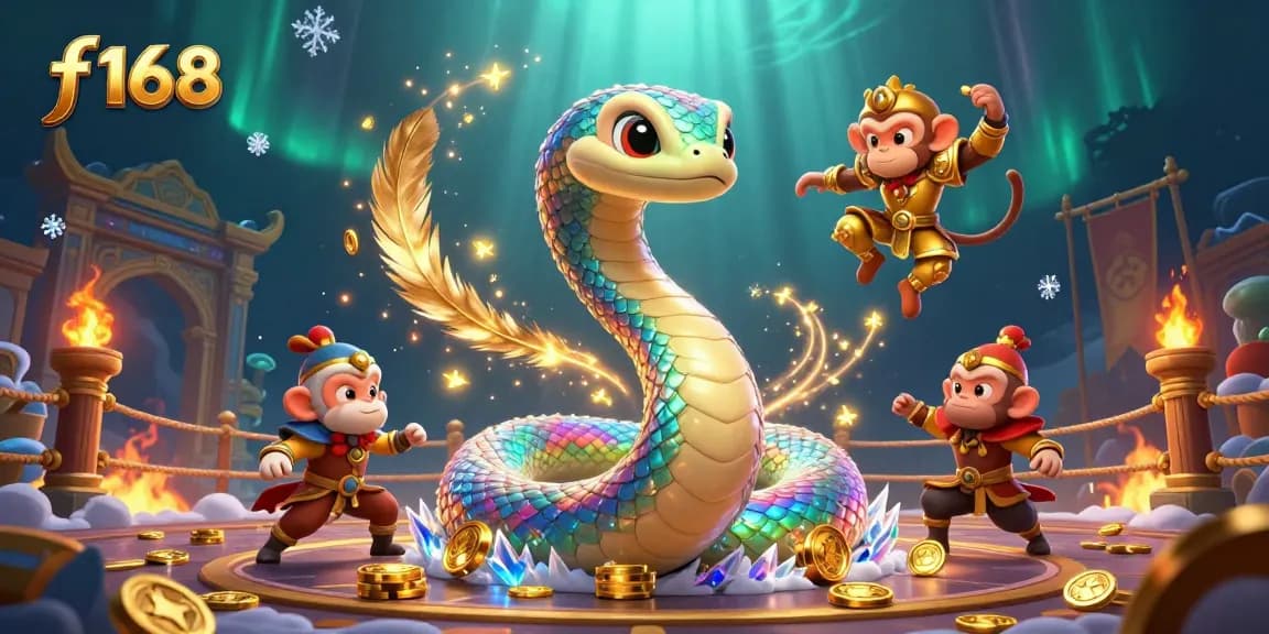 Experience the enchanting world of f 168 with a playful monkey king and a shimmering rainbow serpent amidst vibrant gambling elements.