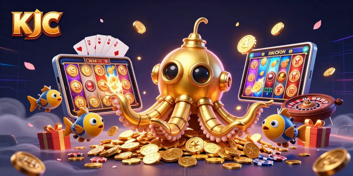 KJC offers a vibrant casino experience with a golden kraken submarine amidst golden coins and dynamic gaming elements.