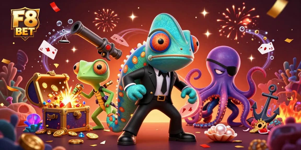 Engage with F8 BET's dynamic 3D casino scene filled with vibrant characters and gaming elements.