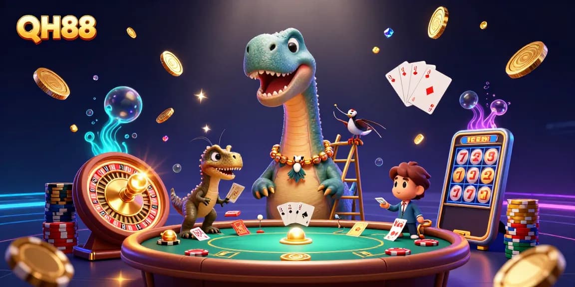 Experience thrilling action in QH88's vibrant casino scene with engaging characters and colorful game elements.