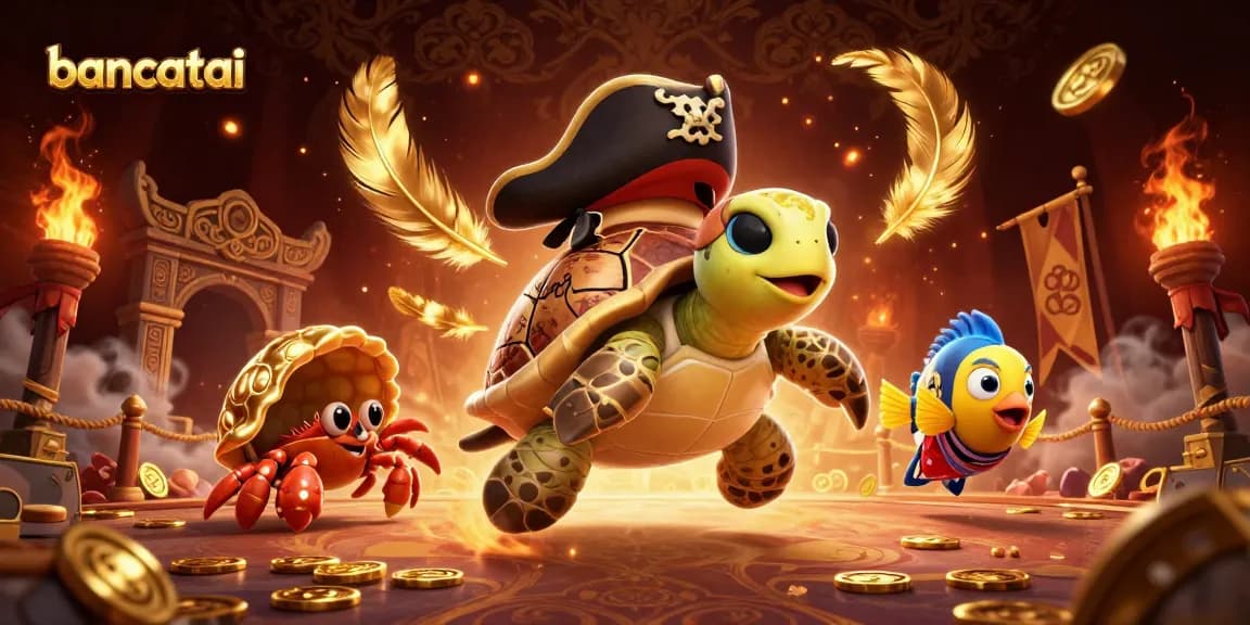 Bancatai engages players with a vibrant casino scene featuring a pirate turtle, treasure, and dynamic gambling elements.