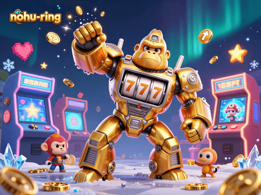 Join the nohu-ring action with the golden gorilla mech launching coins amidst arcade gaming elements.