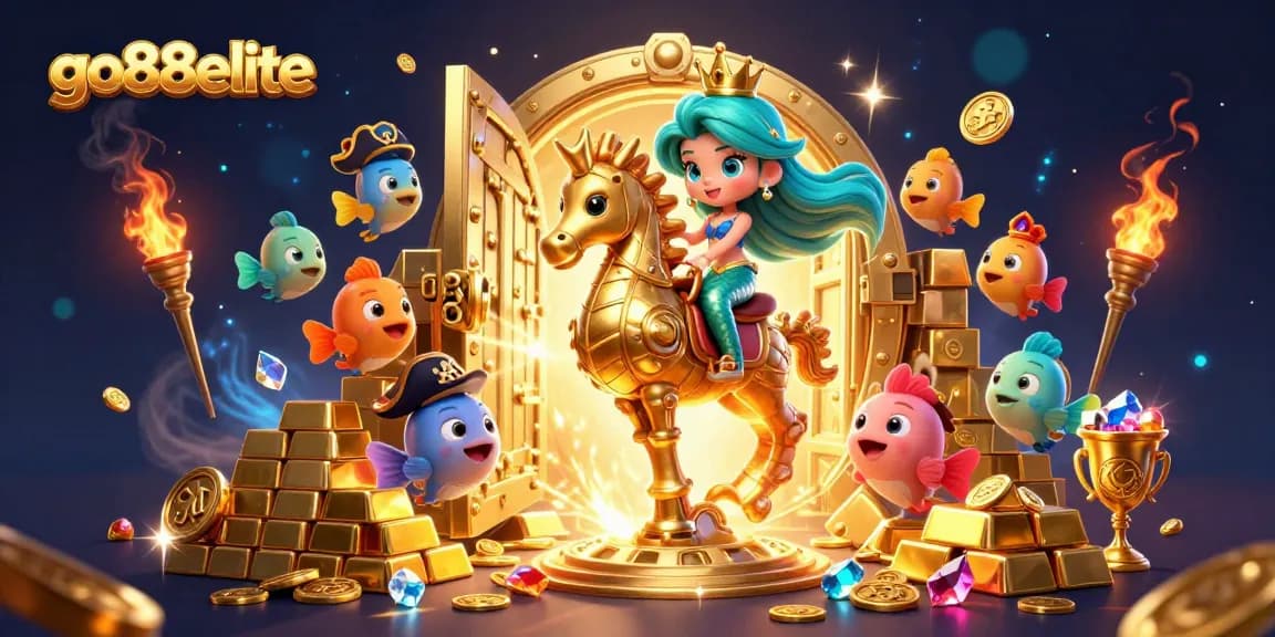 Experience the excitement of go88elite with a vibrant 3D illustration of a mermaid princess and treasures.