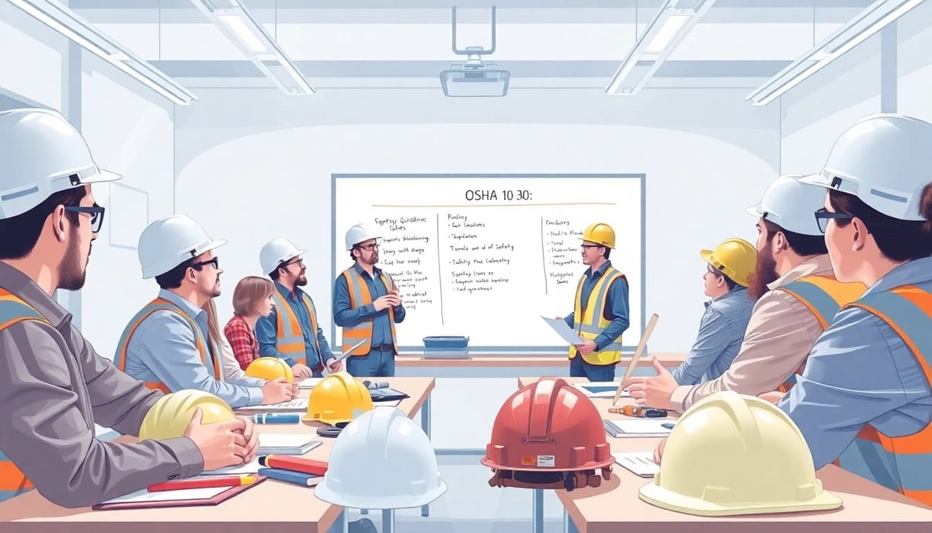 Engaged workers learning OSHA 10 30 hour construction san antonio safety procedures in an interactive classroom.