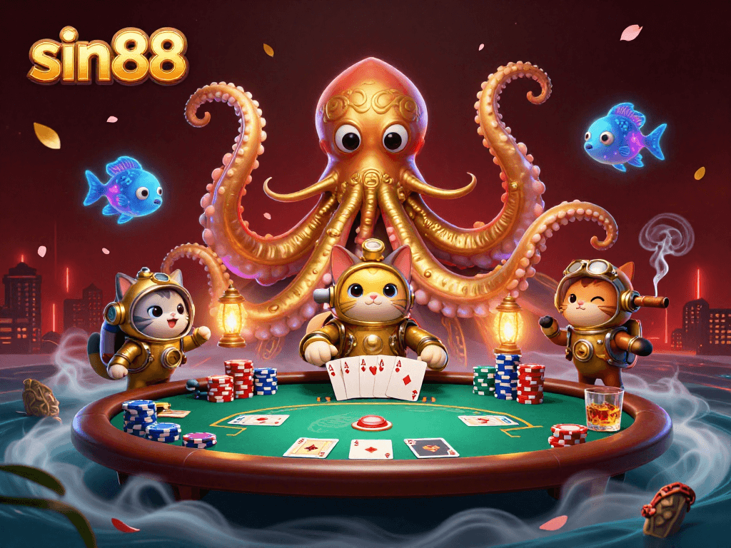 Join the excitement of sin88 with a vibrant scene featuring a kraken, diving cat, and poker elements.