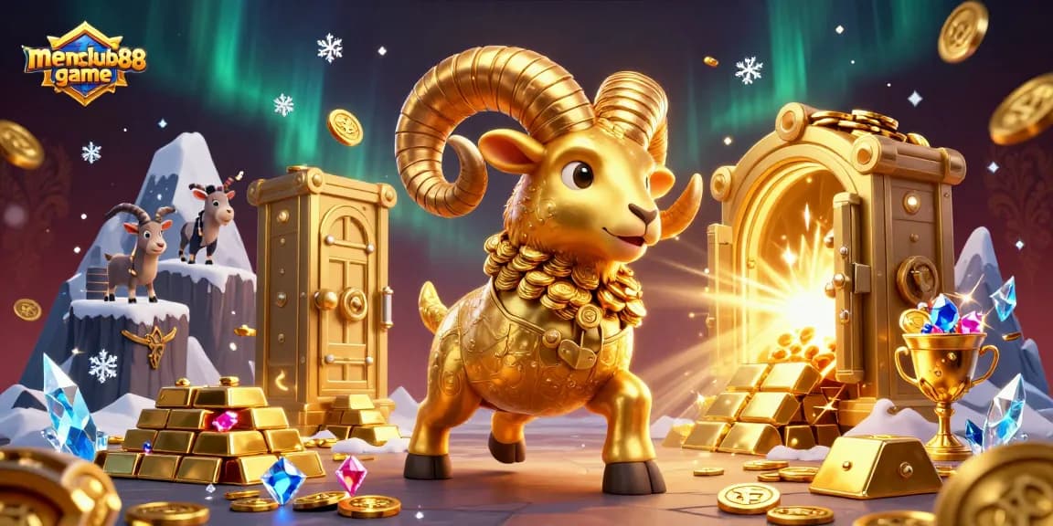Immerse in the thrill of the menangclub88 game with a stunning golden ram charging through a treasure vault.