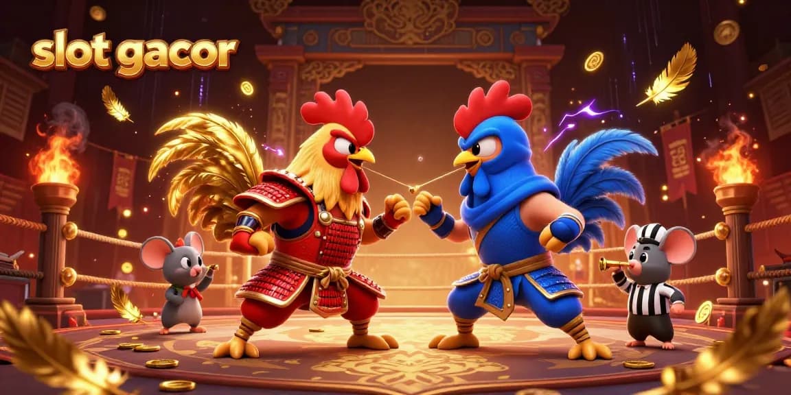 Engage in thrilling slot gacor encounters with dynamic roosters battling in an epic arena.