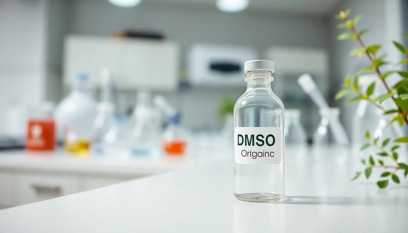 Showcase a clear vial of dmso organic in a bright lab environment for purity demonstration.