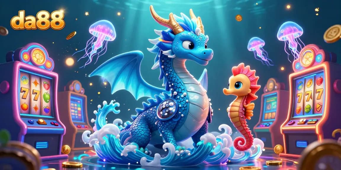 Experience the da88 thrill with a vibrant underwater scene of a water dragon and slot machines.