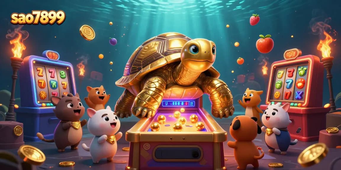 Experience thrilling gaming at sao7899 with exciting slot reels and a massive golden tortoise pinball machine surrounded by small animals.
