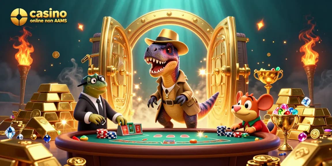 Gioca al casino online non AAMS con un velociraptor ai tavoli da blackjack, mentre elementi d'oro esplodono intorno a lui.