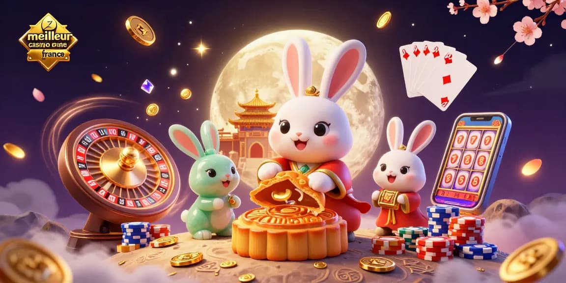 Illustration dynamique de casino mettant en avant le meilleur casino en ligne France avec un lièvre de lune.