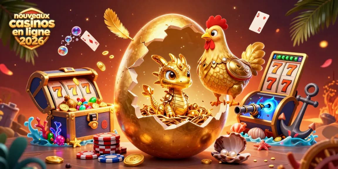 Image captivante illustrant le nouveau casino en ligne 2026 avec un œuf doré libérant un dragon et des éléments de jeux.