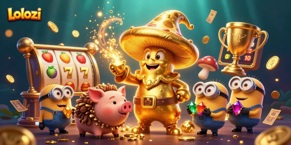Lolozi's enchanting 3D depiction of a magical golden wizard and treasure-hunting pig amidst slot reels and casino treasures.
