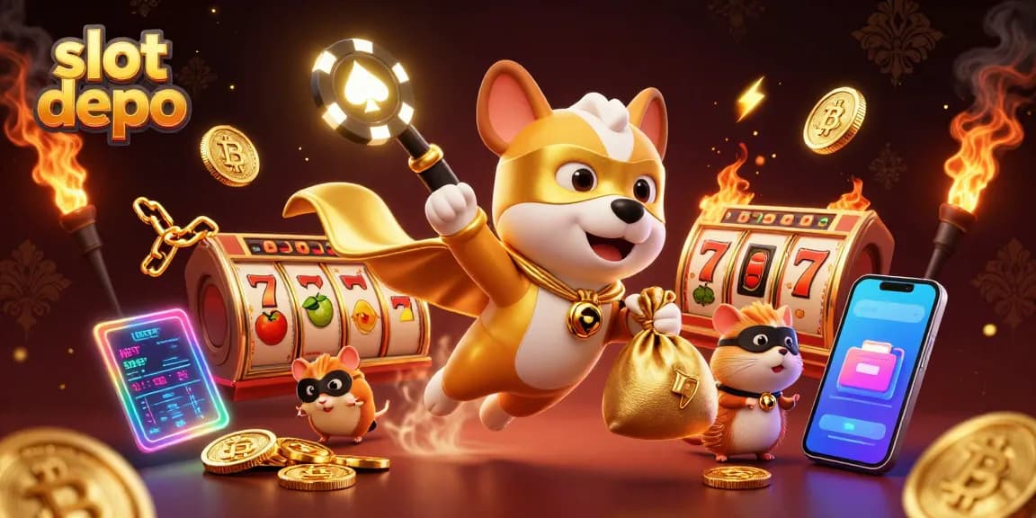 Memanfaatkan kesempatan bermain slot depo, anjing pahlawan super membawa koin emas dengan rekan hamster di punggungnya.