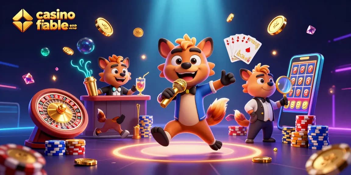Illustration dynamique d'un "casino fiable en ligne" avec des hyènes animées au bar, scène pleine de pièces dorées.