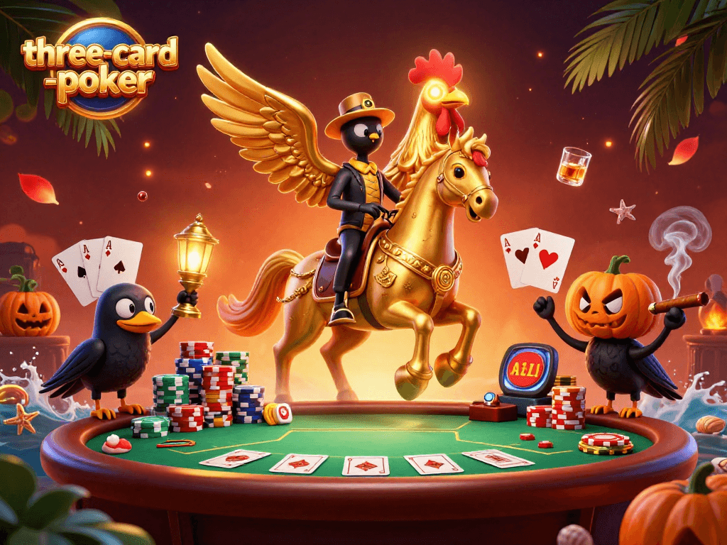 Experience thrilling three-card-poker action with spectacular casino elements in a vibrant midnight scene.