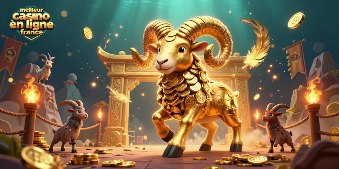 Visuel captivant illustrant le meilleur casino en ligne France avec un bélier doré en pleine charge et des jetons de casino dispersés.