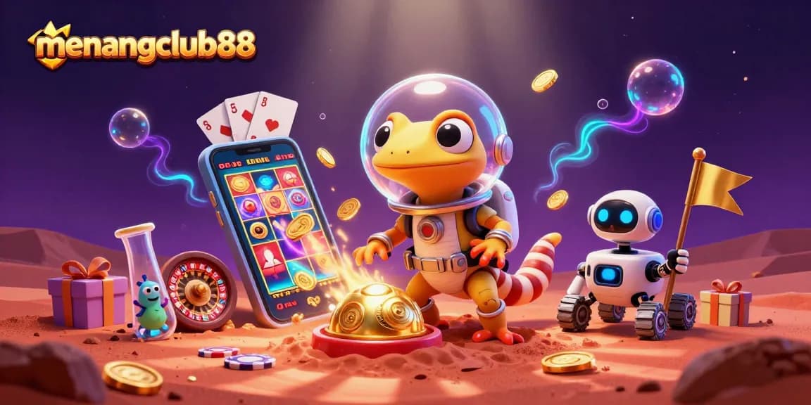 Win big with menangclub88 in a vibrant 3D scene showcasing exciting casino elements.