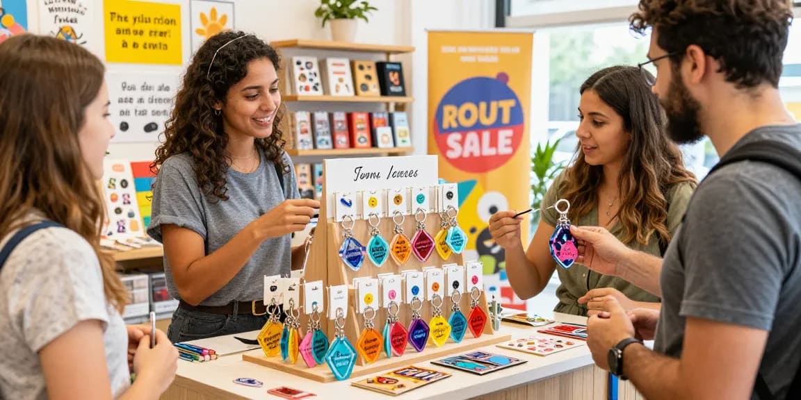 Custom Acrylic Diamond Keychains displayed in a vibrant retail setting, showcasing personalised designs and engaging customer experience.
