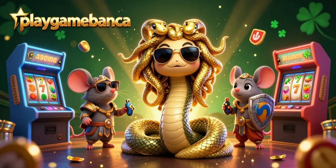 Experience the thrill of playgamebanca with a captivating casino scene featuring Medusa and vibrant slot elements.