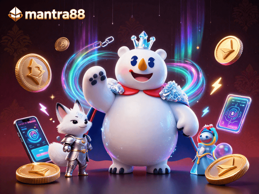 Engage with mantra88’s latest gaming experience featuring a vibrant crypto-inspired 3D casino scene.